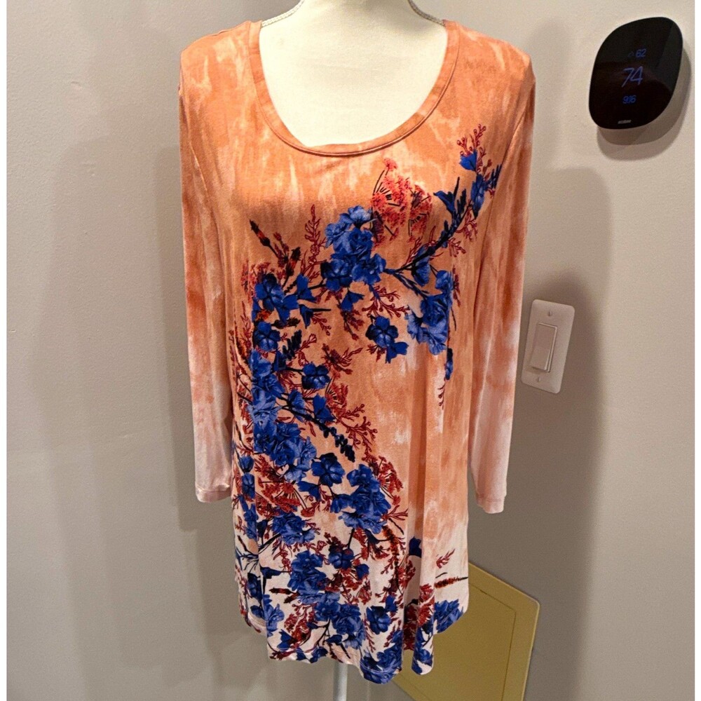JM Collection XL Pink Blue White Floral Scoop Neck Top Jersey Stretch 3/4 sleeve